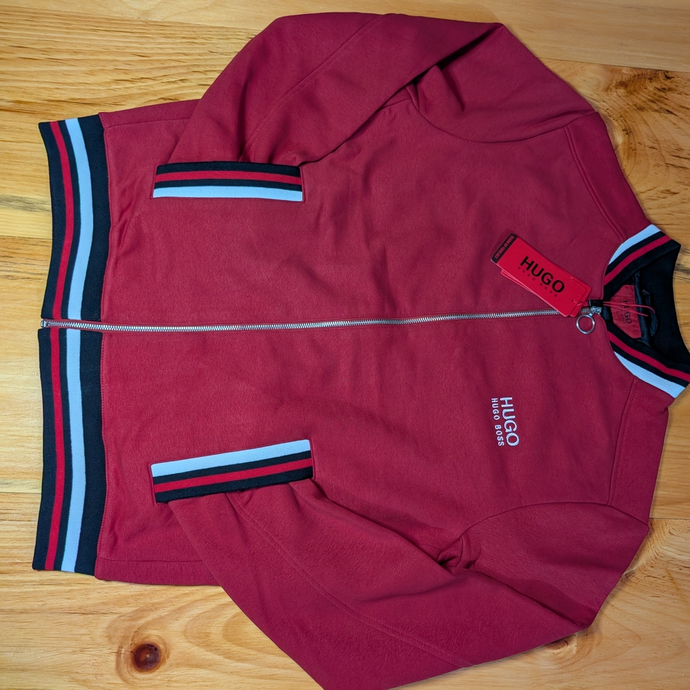 HUGO Burgundy Zip-Up Jacket with Striped Accents